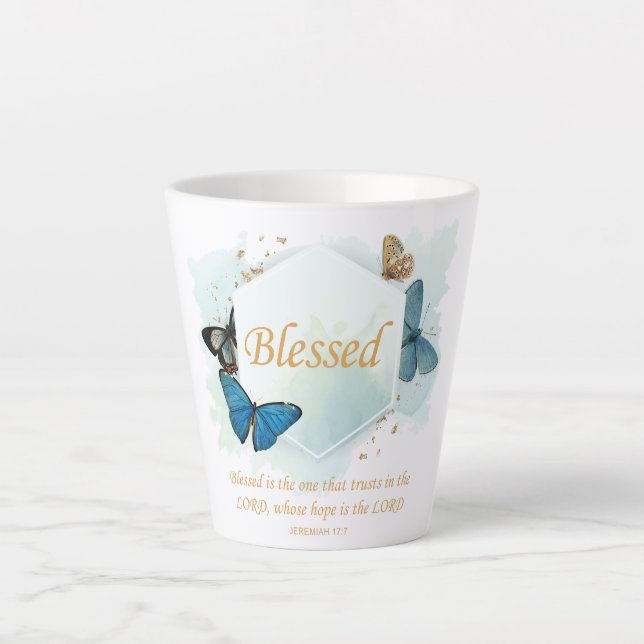 Taza De Café Latte Bendita - La fe cristiana de las mujeres mariposa  (Anverso)