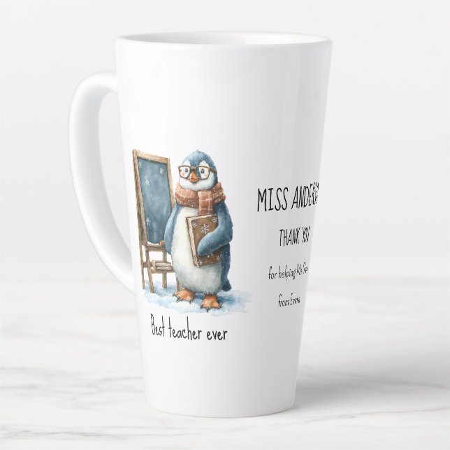 Taza De Café Latte Best Teacher Ever Winter Penguin Design (Ángulo izquierdo)