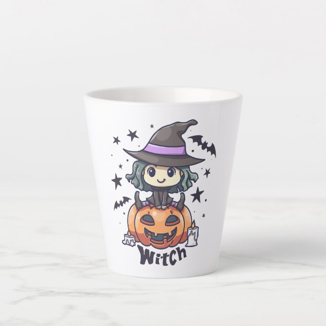 Taza De Café Latte Bestia infantil sentada en una calabaza - "Bruja" (Anverso)
