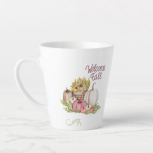Taza De Café Latte Bienvenida Caída Calabazas Blancas Rosadas Otoño