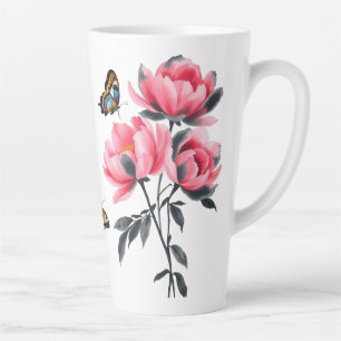 Taza De Café Latte Big Latte Mug - Flores de peones rosados, mariposa