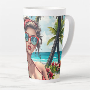 Taza De Café Latte Bikini rojo, gafas de sol y mujer andana