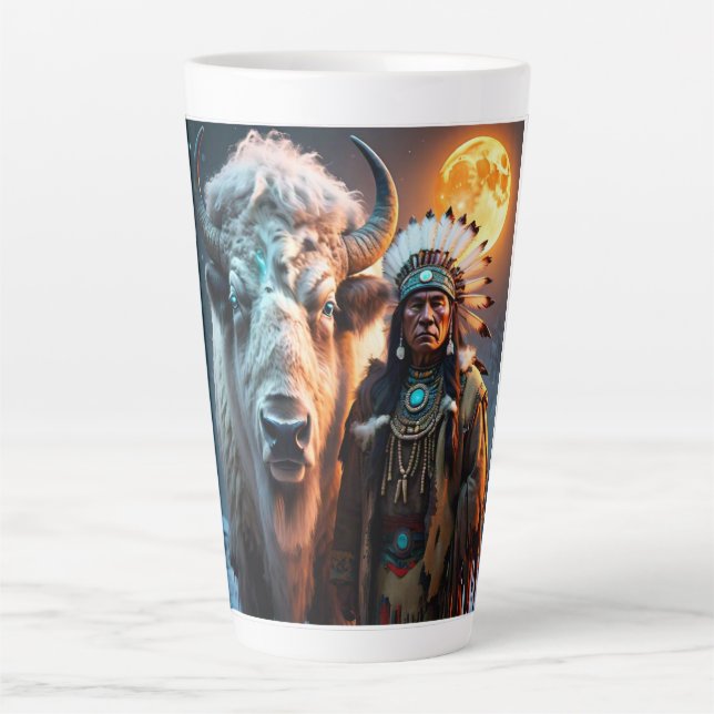 Taza De Café Latte Bison blanco y jefe nativo americano (Anverso)