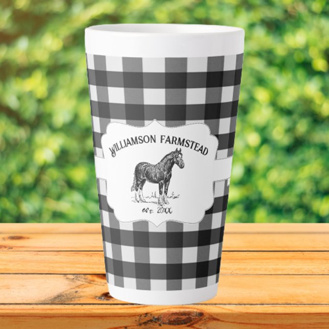 Taza De Café Latte Black Buffalo Plaid Farm Horse Latte Mug (Black Buffalo Plaid Farm Horse Personalized Latte Mug)