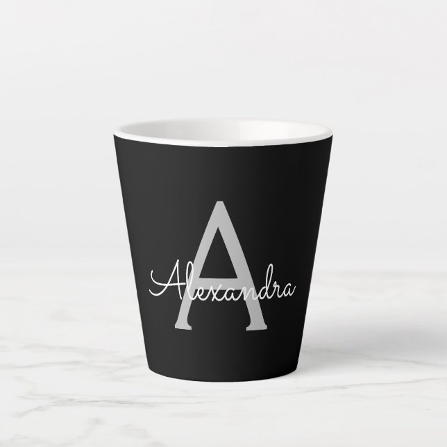Taza De Café Latte Black Silver Modern Script Girly Monograma Nombre (Anverso)