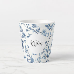 Taza De Café Latte Blanco Floral Azul Chic  