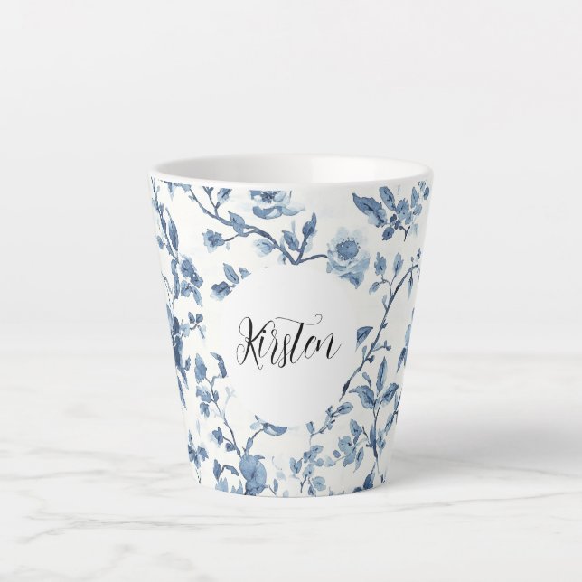 Taza De Café Latte Blanco Floral Azul Chic   (Anverso)