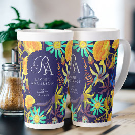 Taza De Café Latte Blooming Mistical Floral Monograma Naval Latte Mug
