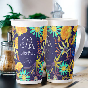 Taza De Café Latte Blooming Mistical Floral Monograma Naval Latte Mug