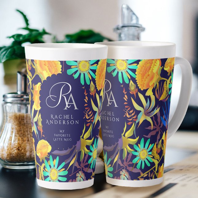 Taza De Café Latte Blooming Mistical Floral Monograma Naval Latte Mug (Blooming Mystical Floral Monogram Navy Latte Mug. )
