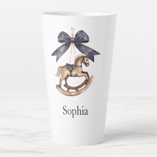 Taza De Café Latte Blue Bow Rocking Horse Christmas (Anverso)