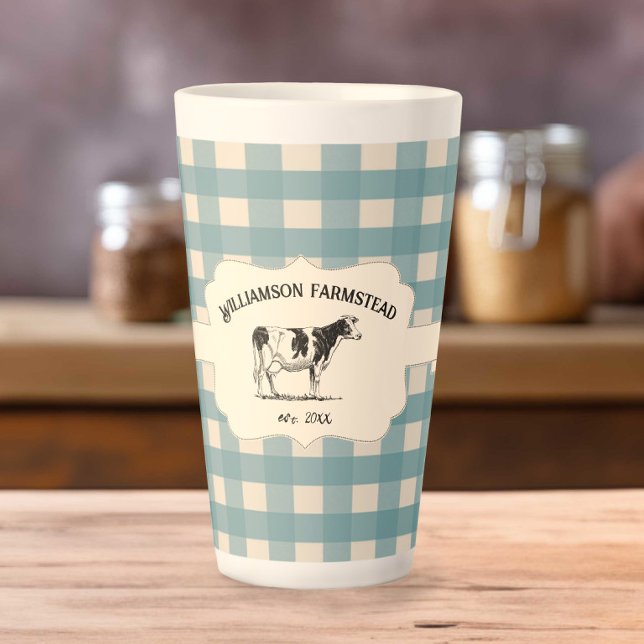Taza De Café Latte Blue Buffalo Plaid Farm Cow Latte Mug (Blue Buffalo Plaid Farm Cow Latte Mug)