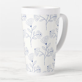 Taza De Café Latte Blue flowers outline drawing in ink 