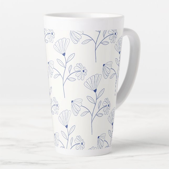 Taza De Café Latte Blue flowers outline drawing in ink  (Ángulo derecho)