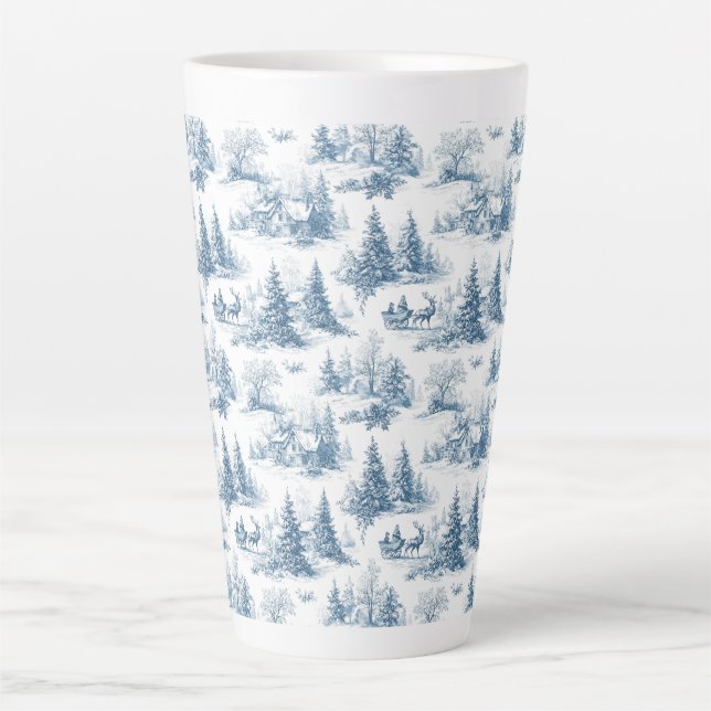 Taza De Café Latte Blue Toile Christmas Pattern  (Anverso)