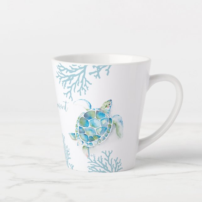 Taza De Café Latte Blue Watercolor Sea Turtle (Derecha)