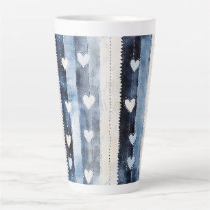 Taza De Café Latte Blue White Denim Hearts Stripes Cumpleaños