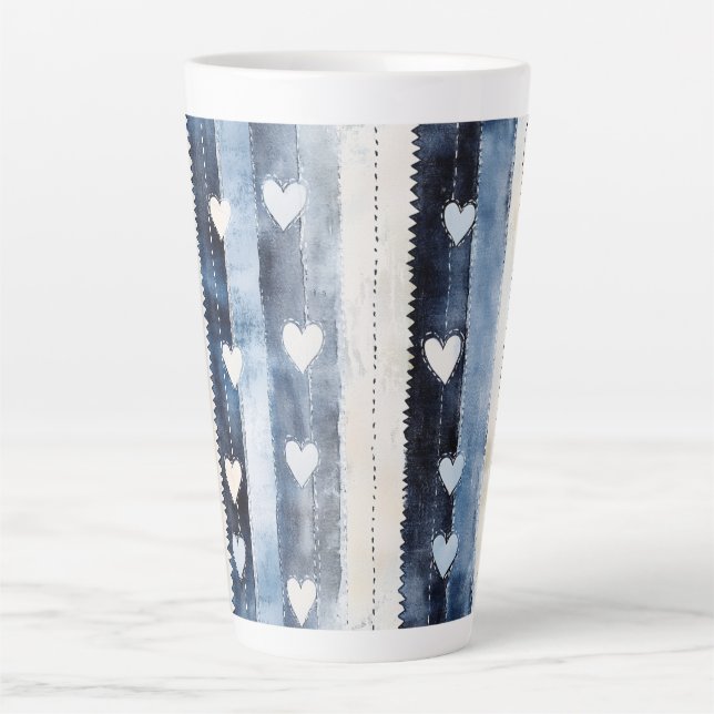 Taza De Café Latte Blue White Denim Hearts Stripes Cumpleaños (Anverso)