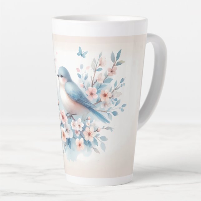 Taza De Café Latte Bluebird Blossom Watercolor Serenity (Ángulo derecho)