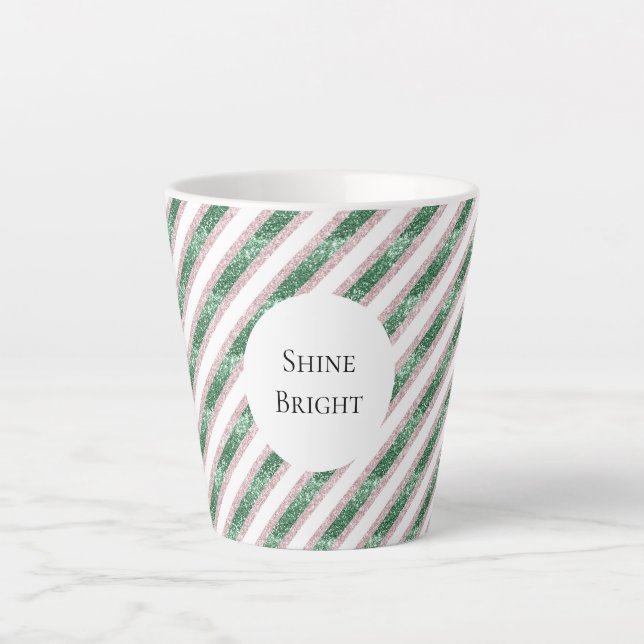 Taza De Café Latte Blush Pink Green Glitzy Stripes Christmas (Anverso)