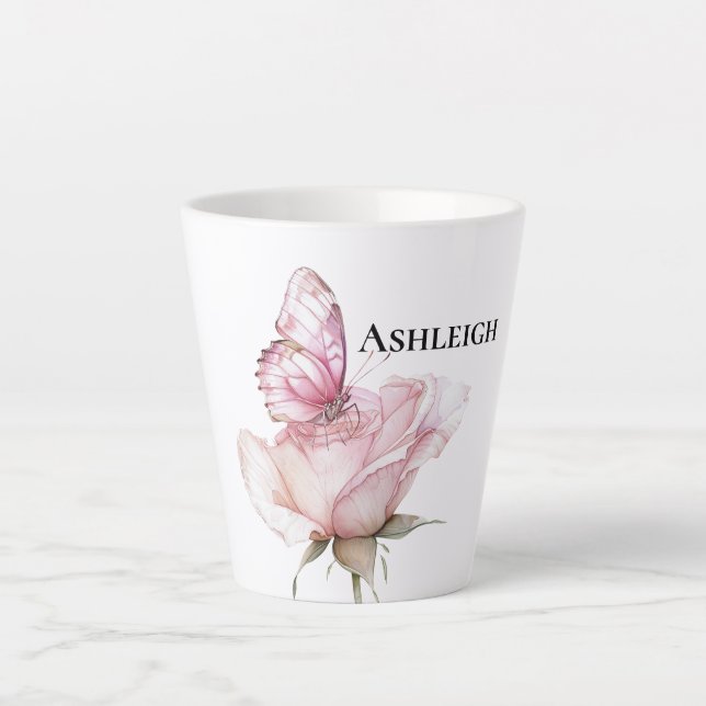 Taza De Café Latte Blush Pink Rose Butterfly   (Anverso)