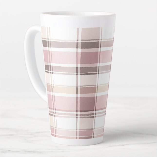 Taza De Café Latte Blush Rosa Crema Marrón Rayas Navidad (Ángulo izquierdo)
