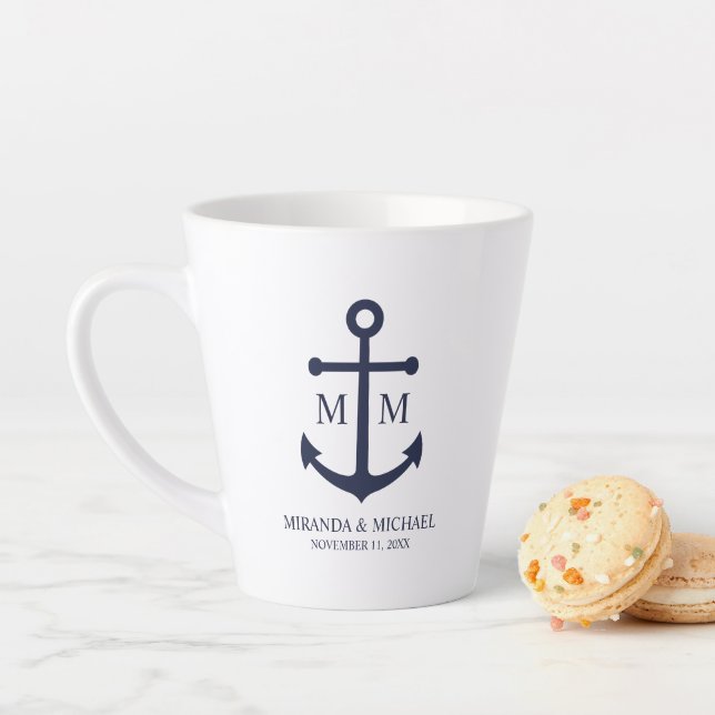 Taza De Café Latte Boda Ancla Azul Marítimo (In situ)