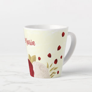 Taza De Café Latte Boda de flores blancas y rojas oscuras románticas