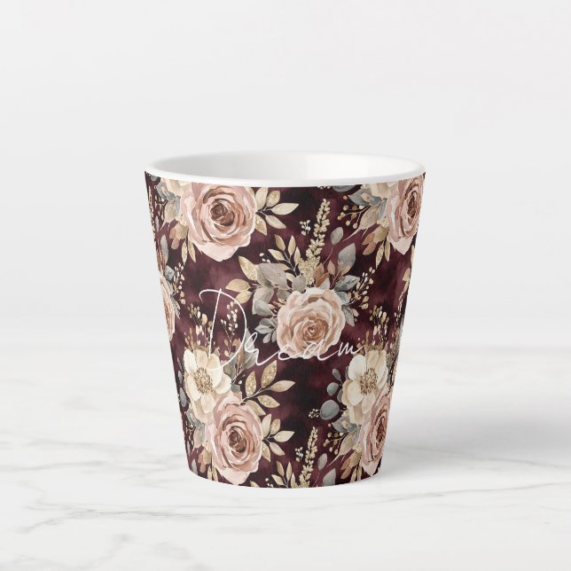 Taza De Café Latte Boda floral con rubor rojo borgoña (Anverso)