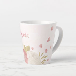 Taza De Café Latte Boda floral romántica rosa blanca y dorada