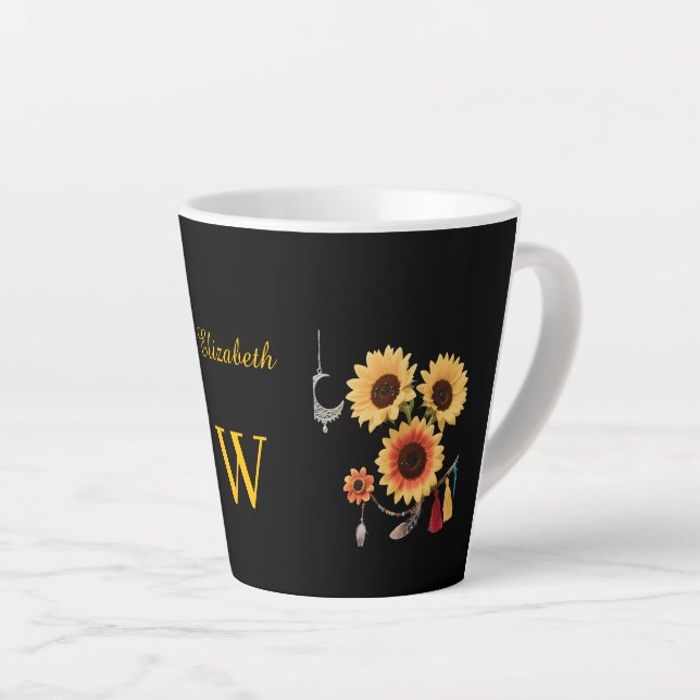 Taza De Café Latte Boho Sunflower Custom Name Floral Gift Black (Ángulo derecho)