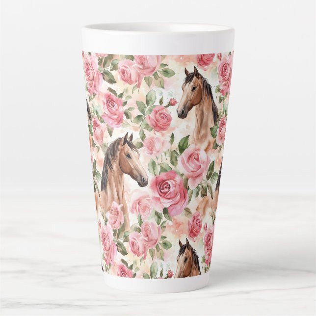 Taza De Café Latte Bonito de Caballos Rosa Floral (Anverso)