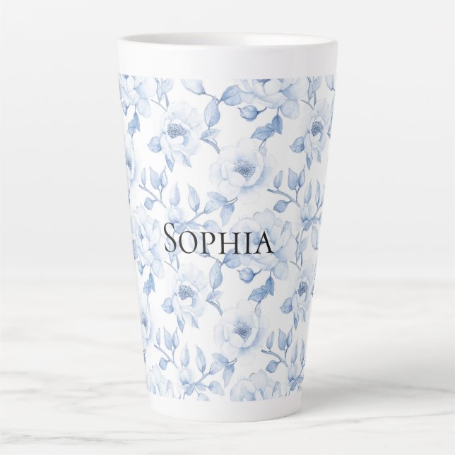 Taza De Café Latte Bonito de moda Flores blancas azules (Anverso)