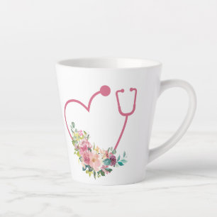 Taza De Café Latte Bonito Estetioscopio Floral Corazón