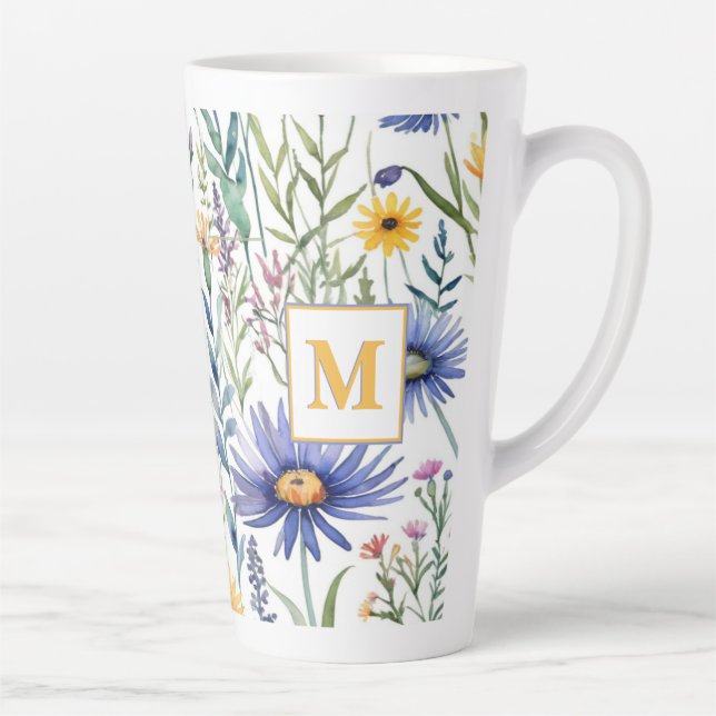 Taza De Café Latte Bonito Monogramada Floral Botánica Flora Silvestre (Derecha)