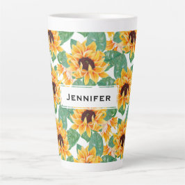 Taza De Café Latte Bonito Sunflower Patrón amarillo y verde