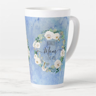 Taza De Café Latte Bonus Mamá te amo Blue White Boho Floral Wreath