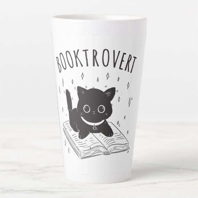 Taza De Café Latte Booktrovert cat con libro y estrellas (Anverso)