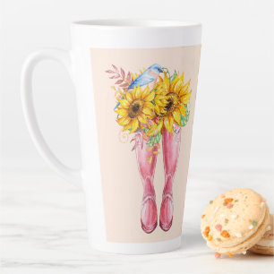 Taza De Café Latte Boots rosados, pájaros azules y girasoles