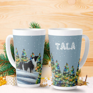 Taza De Café Latte Border Collie en el bosque nevado de invierno árbo
