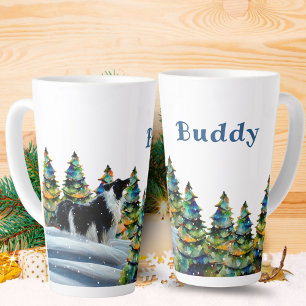 Taza De Café Latte Border Collie en el bosque nevado de invierno árbo