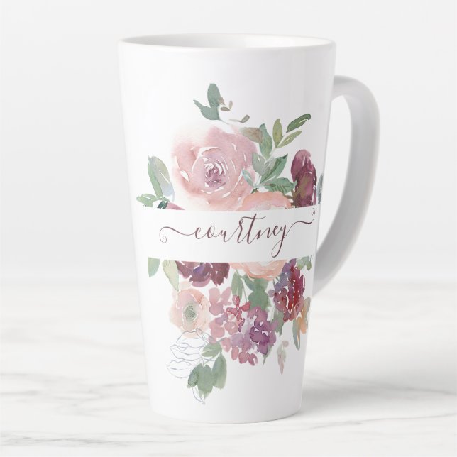 Taza De Café Latte Borgoña y acuarela rosa floral personalizada (Ángulo derecho)