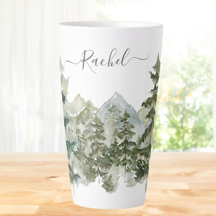 Taza De Café Latte Bosque de pino de acuarela con monograma Estética