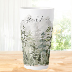 Taza De Café Latte Bosque de Pino Verde Monograma Acuarela en Montaña