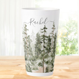 Taza De Café Latte Bosque Verde Personalizado Acuarela Rústica