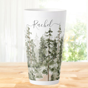 Taza De Café Latte Bosque Verde Personalizado Acuarela Rústica