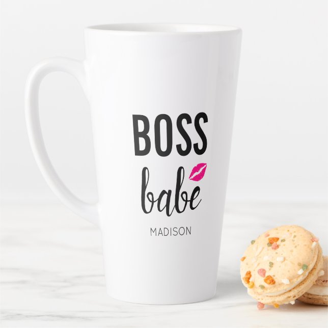 Taza De Café Latte Boss Babe Personalize | Beso rosa | Labios rosados (In situ)