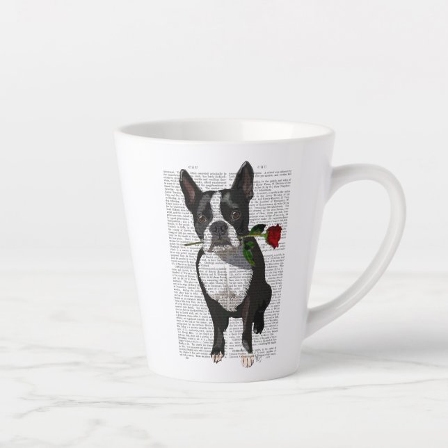 Taza De Café Latte Boston Terrier con Rosa en boca (Derecha)