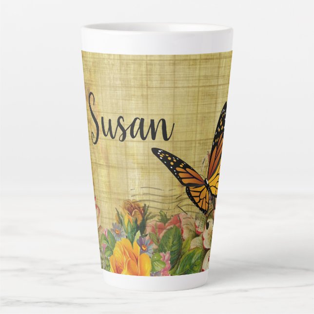 Taza De Café Latte Botánica Rustica Personalizada con Mariposa (Anverso)