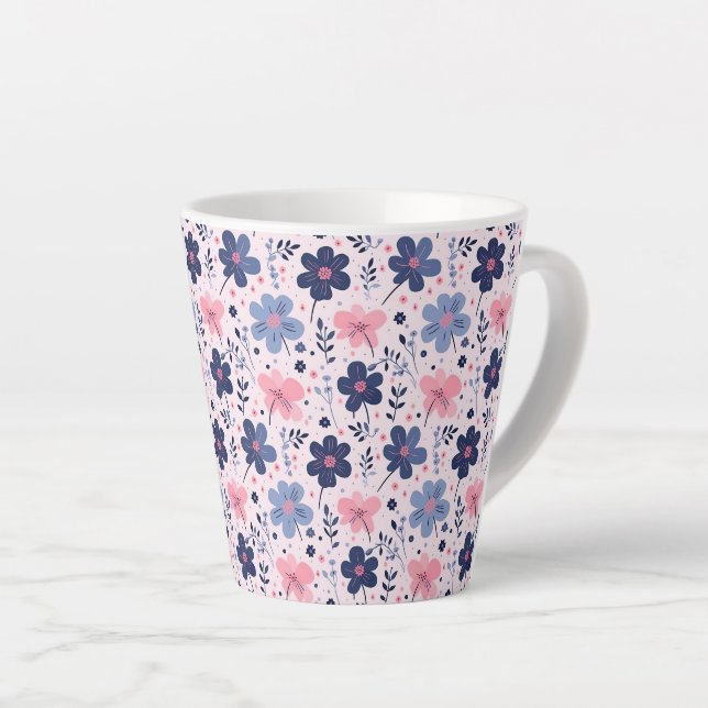 Taza De Café Latte Botanical Pink And Blue Flowers Nature Print (Ángulo derecho)